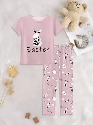 Kid Girls Rabbit Print Cotton Short-Sleeved Long Pants Pajama Set