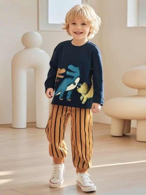 Little Maven 2-piece Boys Dinosaur Long-Sleeved Cotton Tee & Striped Pants Set