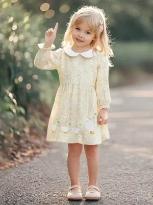 Little Maven Girls Cotton Dress with White Goose Embroidery