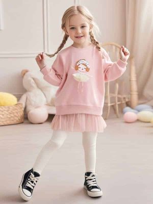 Little Maven Girls Cotton Sweatshirt Dress & Pants Set