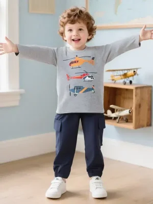 Little Maven Boys Helicopter Cotton Sweatshirt & Pants Set