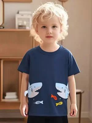 Little Maven Kid Boys Shark Print Cotton Short-Sleeved Tee