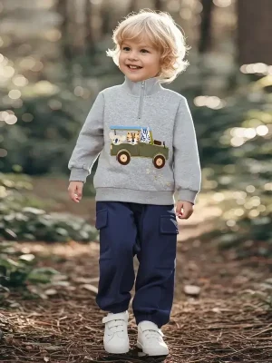 Little Maven Kid Boys cotton sweatshirt & pants set with cartoon car and animal embroidery