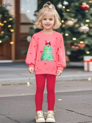 Little Maven Girls Christmas Cotton Sweatshirt & Pants Set