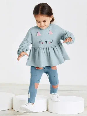 Little Maven Kid Girls 2pcs Cute Cat Print Cotton Sweatshirt and Pants Set