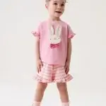 Little Maven Kid Girls 3D Bunny Print Cotton Short Sleeved Tee Striped Shorts Set