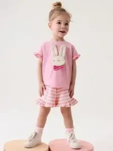 Little Maven Kid Girls 3D Bunny Print Cotton Short-Sleeved Tee & Striped Shorts Set
