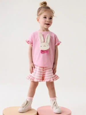 Little Maven Kid Girls 3D Bunny Print Cotton Short-Sleeved Tee & Striped Shorts Set