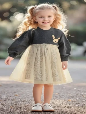 Little Maven Cat Pattern Cotton Mesh Dress for Girls