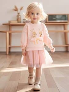 Little Maven Kid Girls Animal Mouse Print Cotton Long Sleeve Mesh Dress