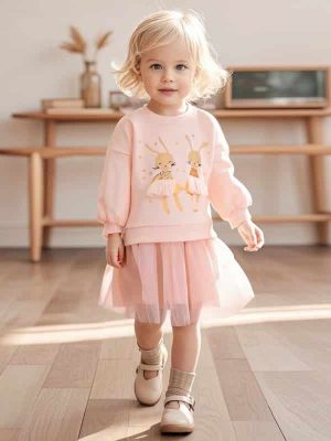 Little Maven Kid Girls Animal Mouse Print Cotton Long Sleeve Mesh Dress