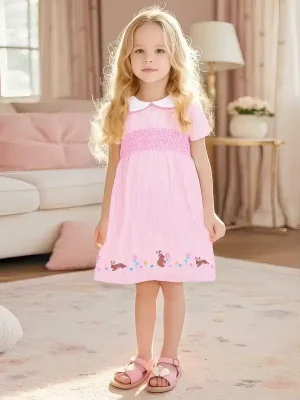 Little Maven Kid Girls Animal Rabbit Cotton Short-Sleeved Plaid Dress