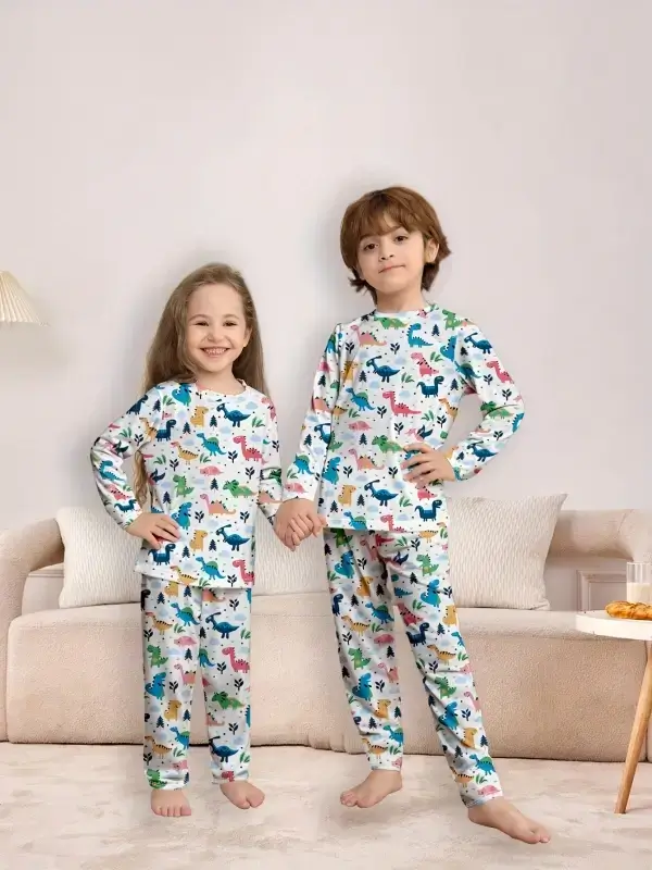 Little Maven Kid Girls & Boys dinosaur print home pajamas set 1 Little Maven Kids Dinosaur Print Pajamas Set