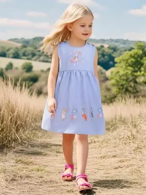 Little Maven Kid Girls Bunny and Floral Embroidered Cotton Sleeveless Dress