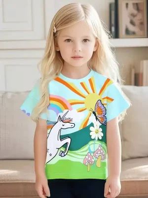Little Maven Kid Girls Cartoon Animal Print Cotton Short-sleeved Tee