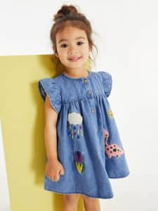 Little Maven Kid Girls Cartoon Embroidered Denim Ruffle Sleeve Dress with Buttons