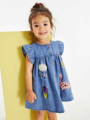 Little Maven Kid Girls Cartoon Embroidered Denim Ruffle Sleeve Dress with Buttons