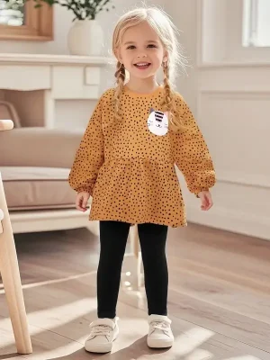 Little Maven Kid Girls Cat Embroidered Cotton Leopard Print Sweatshirt & Leggings Set