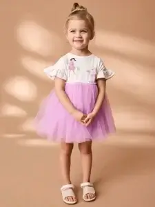 Little Maven Kid Girls Character Print Cotton Short-Sleeved Mesh Dress