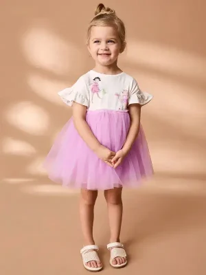 Little Maven Kid Girls Character Print Cotton Short-Sleeved Mesh Dress