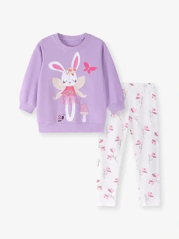 Little Maven Kid Girls Cute Animal Rabbit Embroidered Cotton Sweatshirt & Floral Leggings Set 2 Little Maven Kid Girls Cute Animal Rabbit Embroidered Cotton Sweatshirt & Floral Leggings Set - Image 2