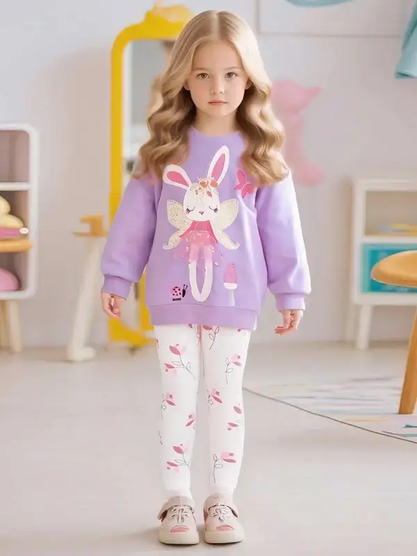 Little Maven Kid Girls Cute Animal Rabbit Embroidered Cotton Sweatshirt & Floral Leggings Set 1 Little Maven Kid Girls Cute Animal Rabbit Embroidered Cotton Sweatshirt & Floral Leggings Set