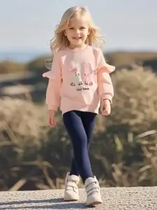 Little Maven Kid Girls Cute Bunny and Letter Embroidered Cotton Sweatshirt and Pants Set