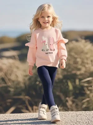 Little Maven Kid Girls Cute Bunny and Letter Embroidered Cotton Sweatshirt and Pants Set