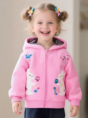 Little Maven Kid Girls Cute Butterfly and Rabbit Embroidery Plush Warm Jacket