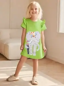 Little Maven Kid Girls Elephant Embroidered Cotton Short-Sleeved Dress