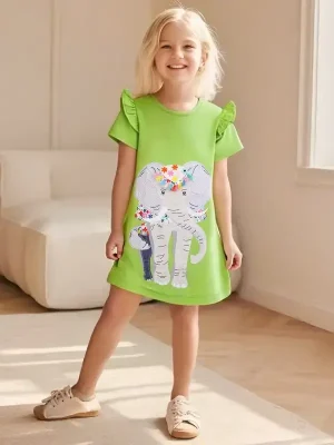 Little Maven Kid Girls Elephant Embroidered Cotton Short-Sleeved Dress