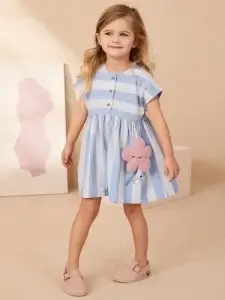 Little Maven Kid Girls Floral Embroidered Cotton Striped Short-Sleeved Dress
