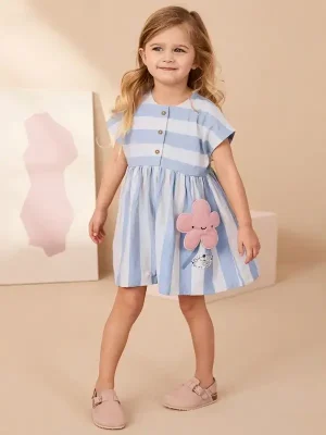 Little Maven Kid Girls Floral Embroidered Cotton Striped Short-Sleeved Dress