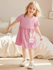 Little Maven Kid Girls Floral Print Cotton Dress with Long Ear Rabbit