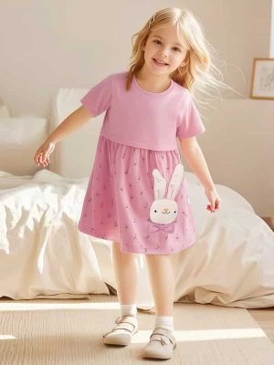 Little Maven Kid Girls Floral Print Cotton Dress with Long Ear Rabbit