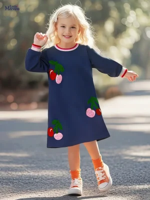 Little Maven Girls Fruit Embroidered Cotton Colorblock Dress