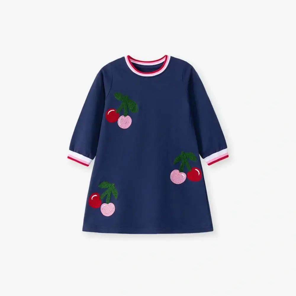 Little Maven Kid Girls Fruit Embroidered Cotton Colorblock Dress 2 Little Maven Kid Girls Fruit Embroidered Cotton Colorblock Dress - Image 2