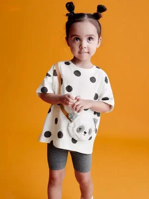 Little Maven Kid Girls Panda Applique Polka Dot Cotton Tee & Skinny Shorts Set