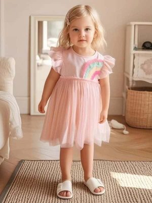 Little Maven Kid Girls Rainbow Pattern Cotton Ruffle Sleeve Mesh Dress
