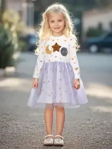 Little Maven Kid Girls Star and Moon Polka Dot Print Cotton Long-Sleeved Mesh Dress