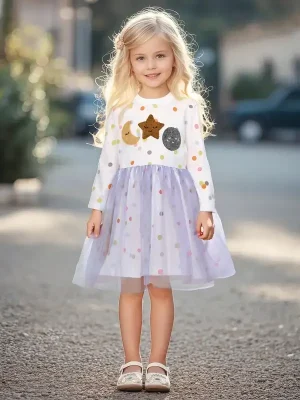 Little Maven Kid Girls Star and Moon Polka Dot Print Cotton Long-Sleeved Mesh Dress