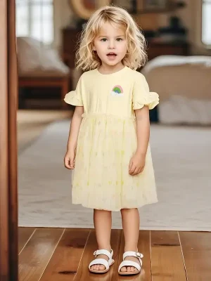 Little Maven Kid Girls Towel Embroidery Cotton Mesh Ruffle Sleeve Dress