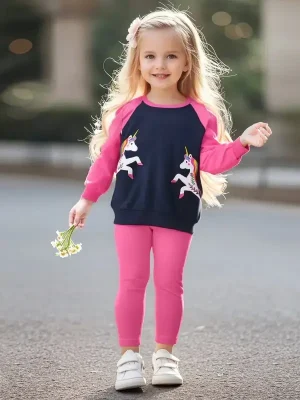 Little Maven Kid Girls Unicorn Cotton Colorblock Sweatshirt and Pants Set