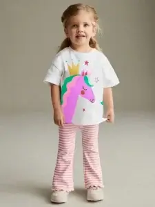 Little Maven Kid Girls Unicorn Print Cotton Short-Sleeved Tee & Striped Pants Set