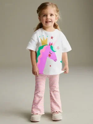 Little Maven Kid Girls Unicorn Print Cotton Short-Sleeved Tee & Striped Pants Set