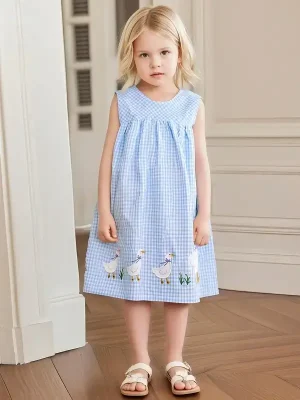 Little Maven Kid Girls White Goose Embroidered Cotton Sleeveless Plaid Dress