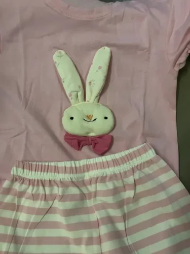 Little Maven Kid Girls 3D Bunny Print Cotton Short-Sleeved Tee & Striped Shorts Set photo review