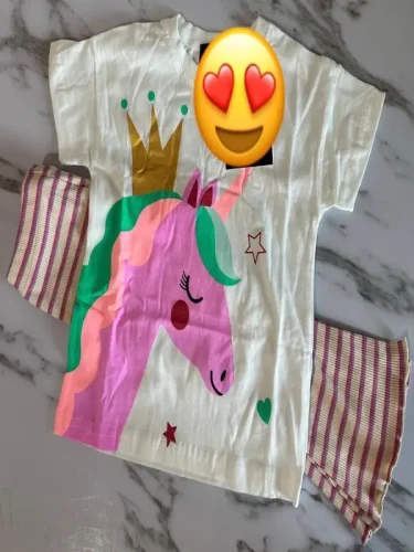 Little Maven Kid Girls Unicorn Print Cotton Short-Sleeved Tee & Striped Pants Set photo review
