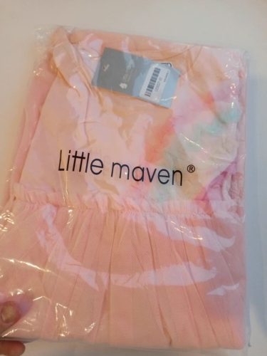 Little Maven Kid Girls Rainbow Pattern Cotton Ruffle Sleeve Mesh Dress photo review