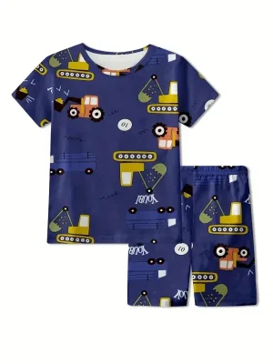 Toddler & Kid Boys Cartoon Engineering Truck Printed Cotton Short-Sleeved Pajama Set